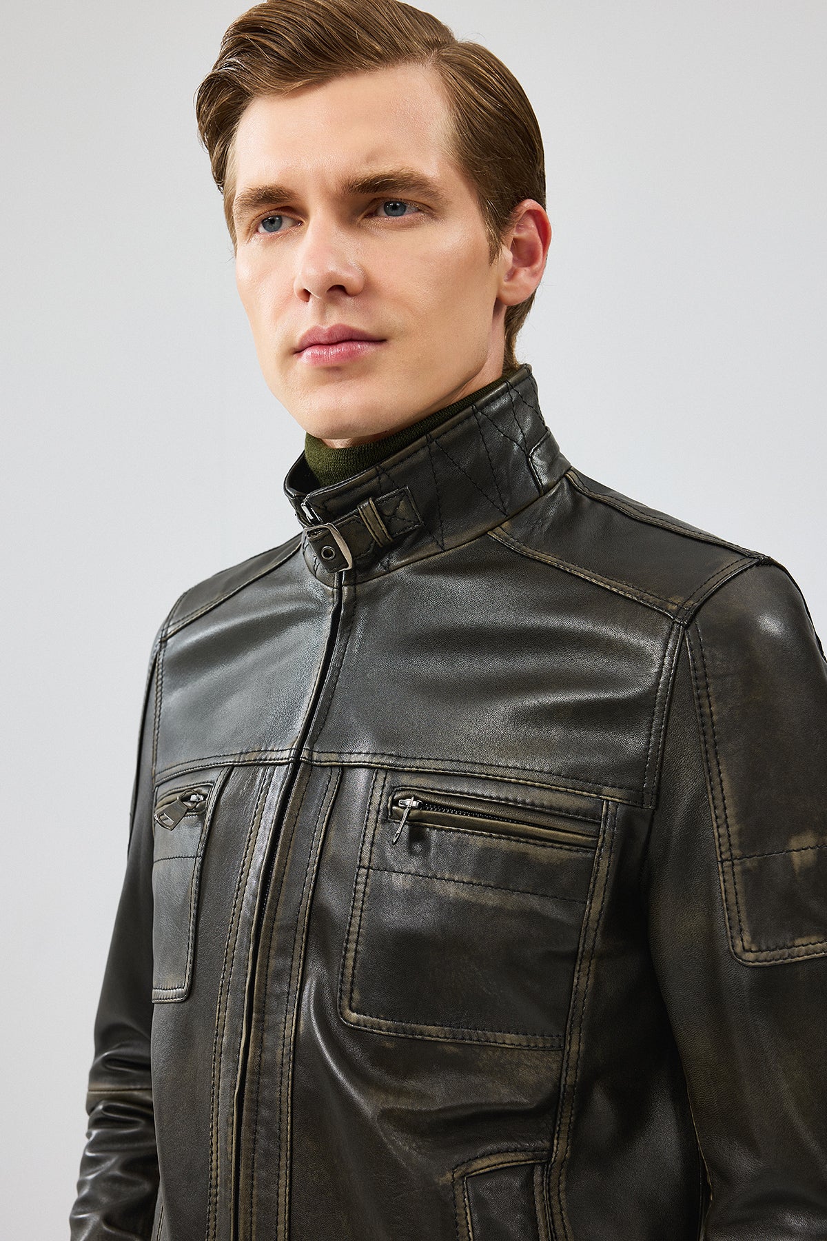 Wade Erkek Yeşil Slim-Fit Deri Mont - Image 7