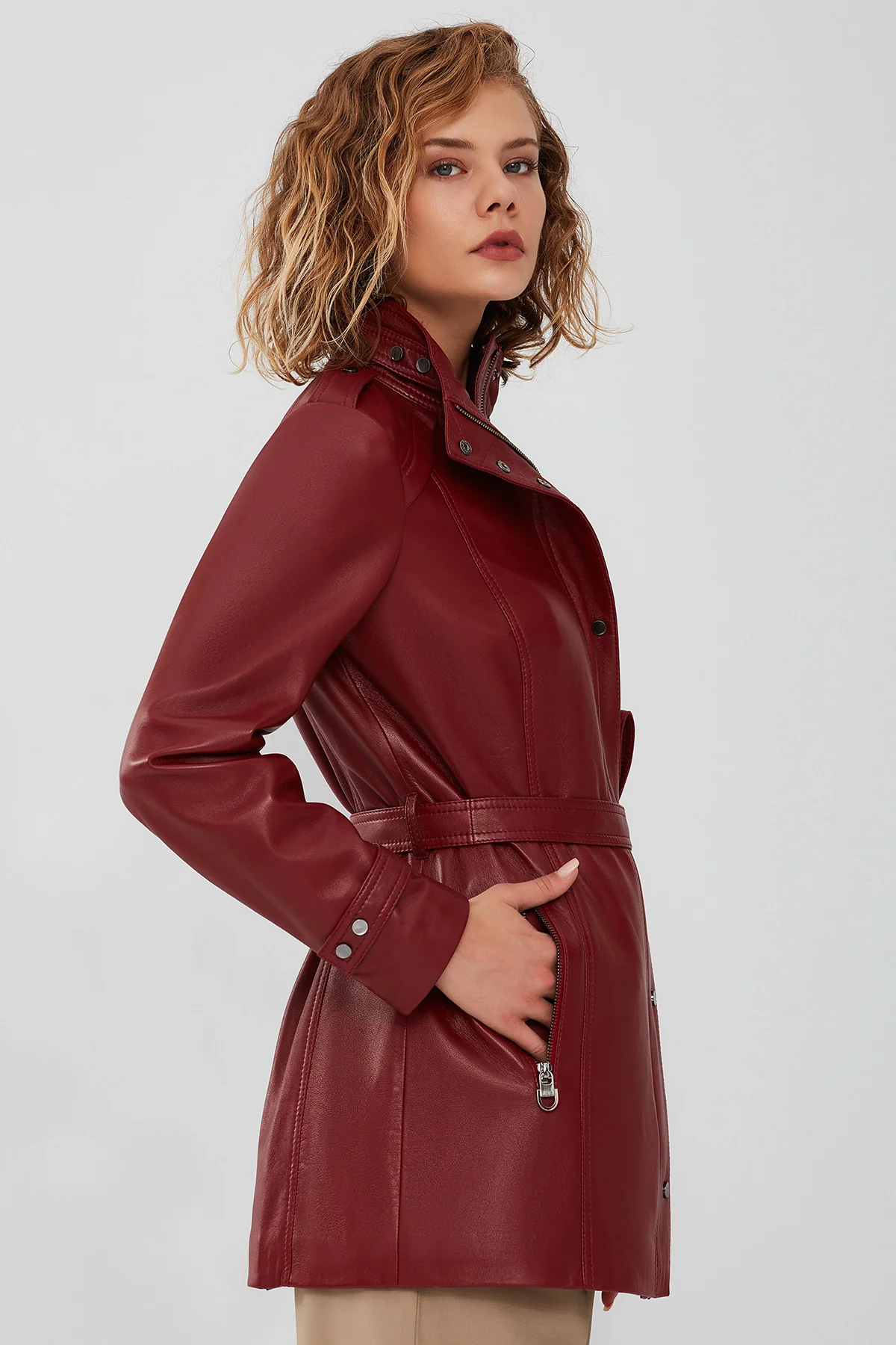 Whitney Kadın Bordo Uzun Deri Ceket - Image 4